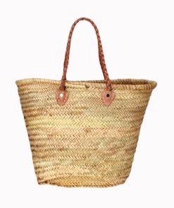 Bagatelle France Nora Woven Palm Basket With Leather Handles