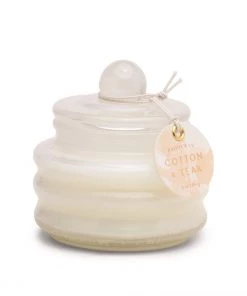Designworks Collective Summer Collection Ivory Glass Container With Lid, Cotton & Teak Candle