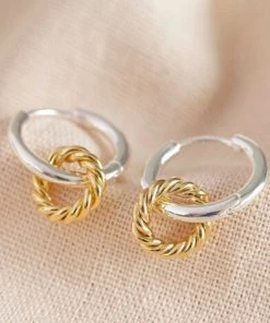 Lisa Angel Silver & Gold Twisted Hanging Hoop Earrings