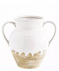 Madam Stoltz Stoneware Urn Vase With Handles In White Drip Glaze