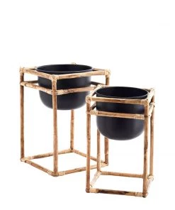 Madam Stoltz Bamboo Floor Plant Stand With Black Metal Pot