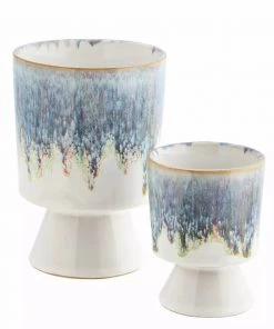 Madam Stoltz Plant Pots Mini Stoneware Plant Pot With Reactive Blue/White Glaze