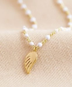 Lisa Angel Gold & Pearl White Enamel Necklace With Wing Charm