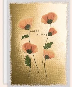 Meraki Greeting Cards 'Happy Birthday’ Poppy Pressed Flower Gold Foil Greeting Card Stationery & Prints