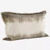 Madam Stoltz Printed Cushion With Fringes, Off White And Taupe