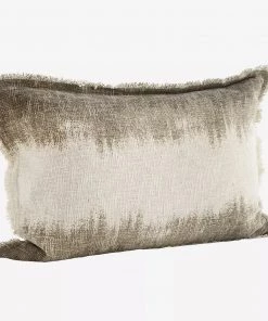 Madam Stoltz Printed Cushion With Fringes, Off White And Taupe