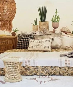 Madam Stoltz Printed Cushion With Fringes, Off White And Taupe